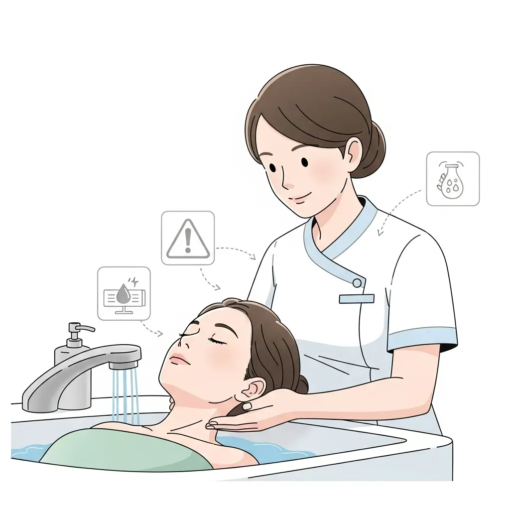 Minh họa lưu ý an toàn và tư thế gội đầu đúng cách để bảo vệ sức khỏe