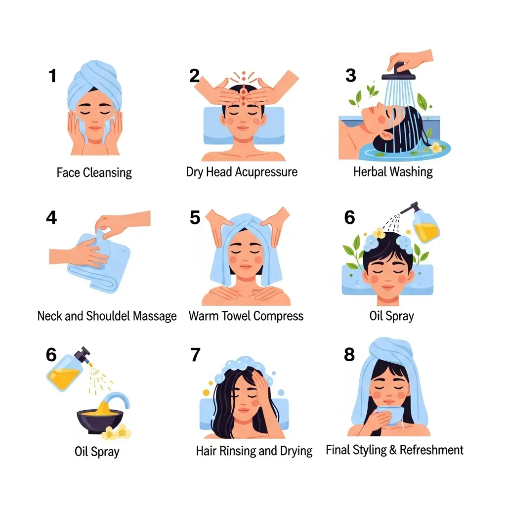 Sơ đồ tám bước của một buổi gội đầu dưỡng sinh chuẩn