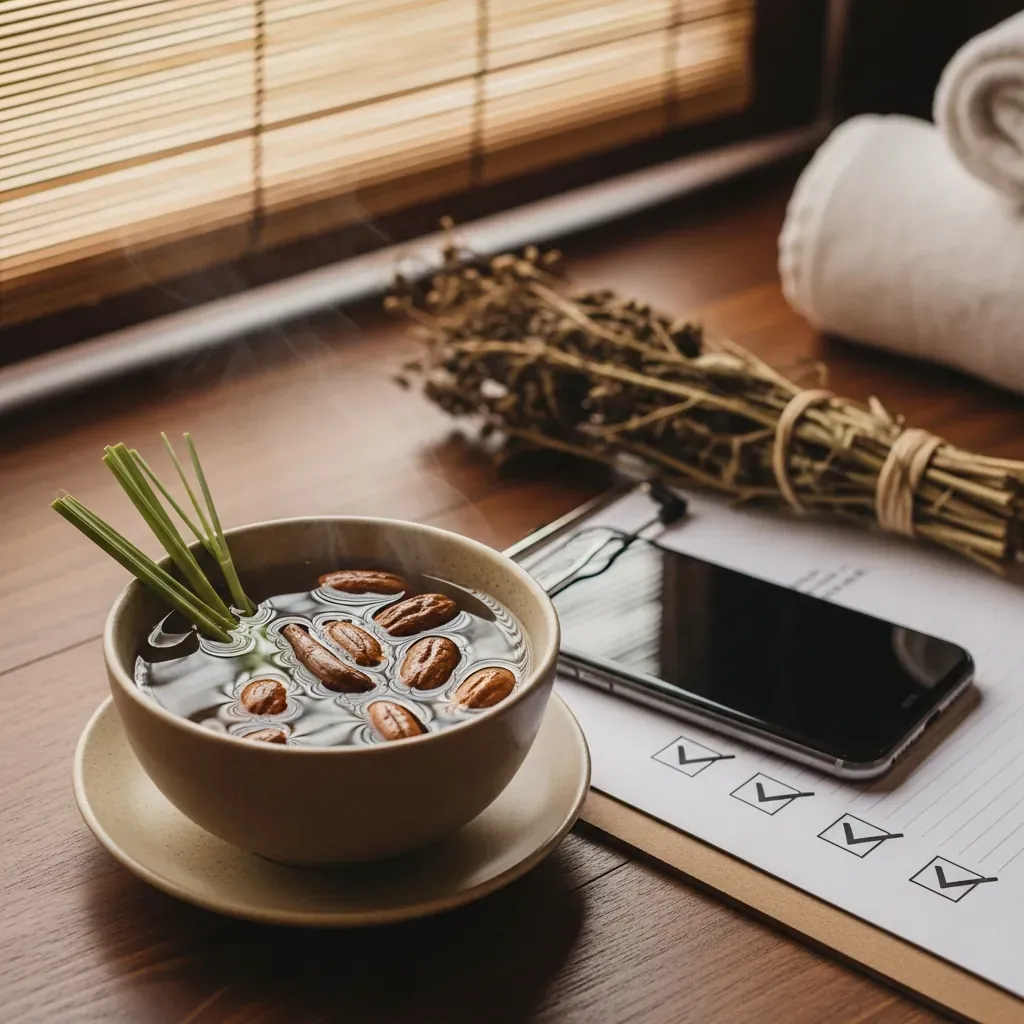 Bát nước thảo dược và điện thoại tại quầy spa ở Hà Nội.