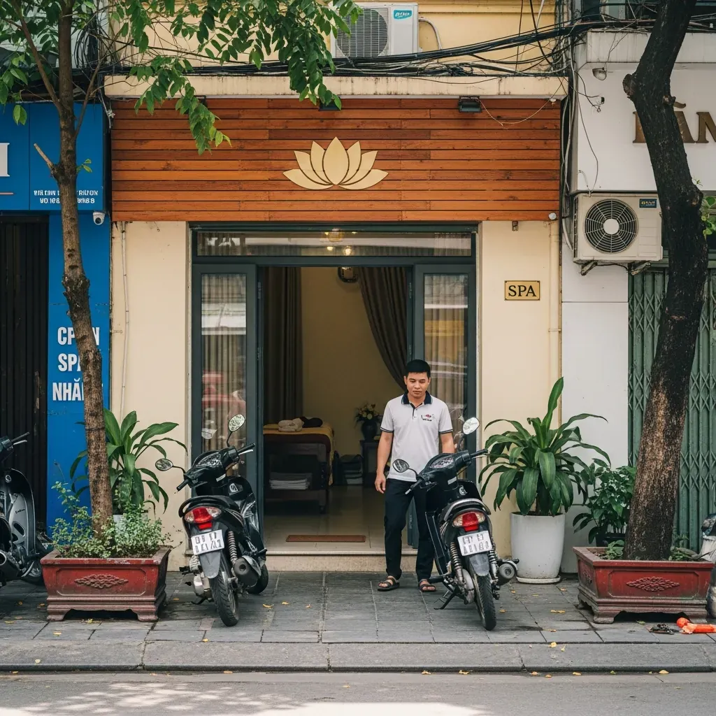 Cửa hàng spa dưỡng sinh dạng nhà ống tại phố Hoàn Kiếm, có xe máy đỗ phía trước.