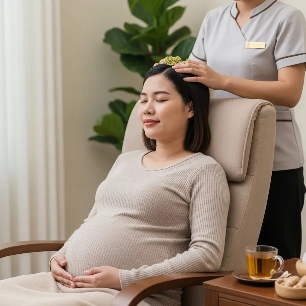 Bà bầu Việt Nam ngồi ghế spa, nhắm mắt thư giãn, kỹ thuật viên nhẹ nhàng massage da đầu bằng thảo dược, bên cạnh tách trà gừng ấm.