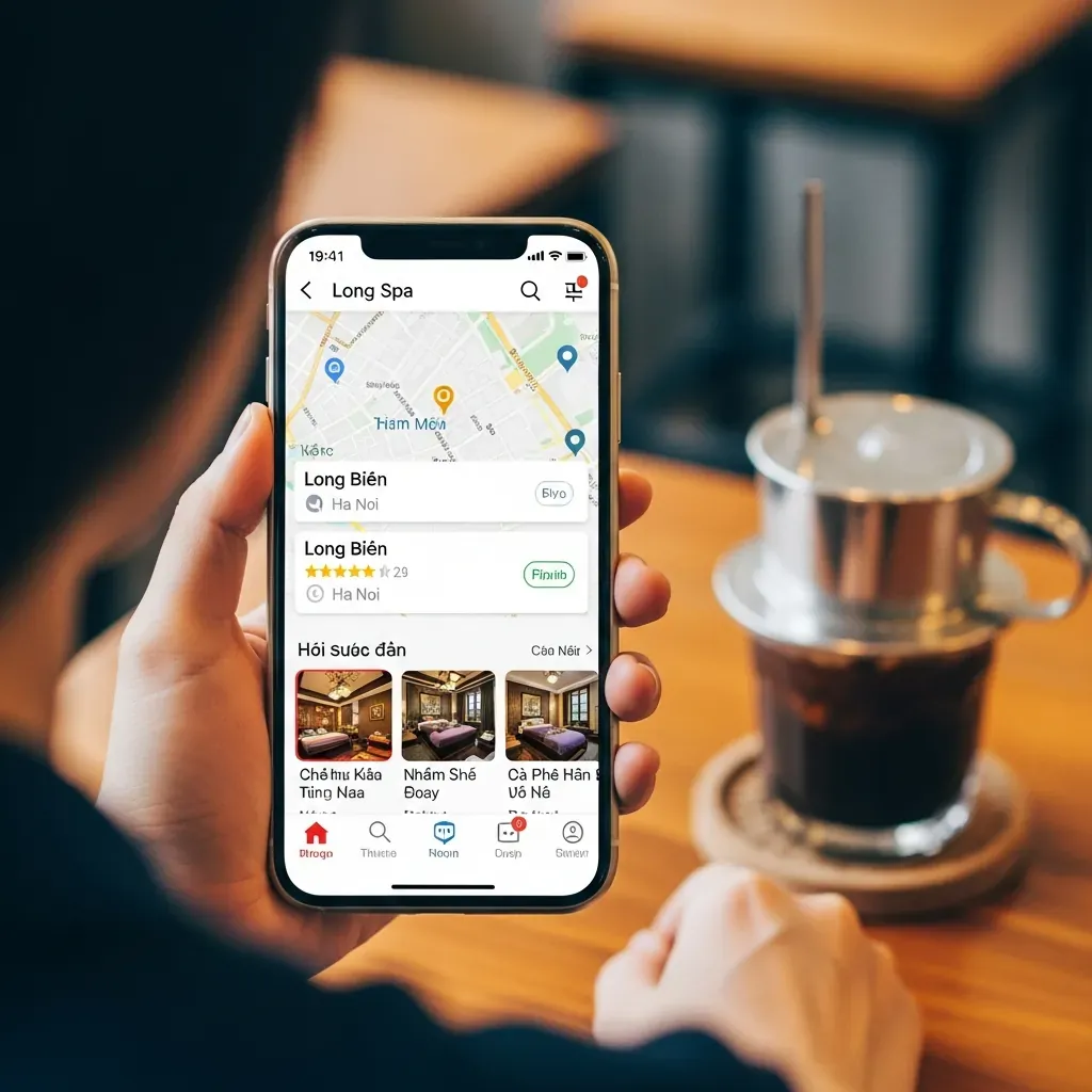 Bàn tay người Việt trẻ cầm điện thoại hiển thị Google Maps tiếng Việt với danh sách spa ở Long Biên, sao đánh giá và ảnh thu nhỏ, nền quán cà phê.