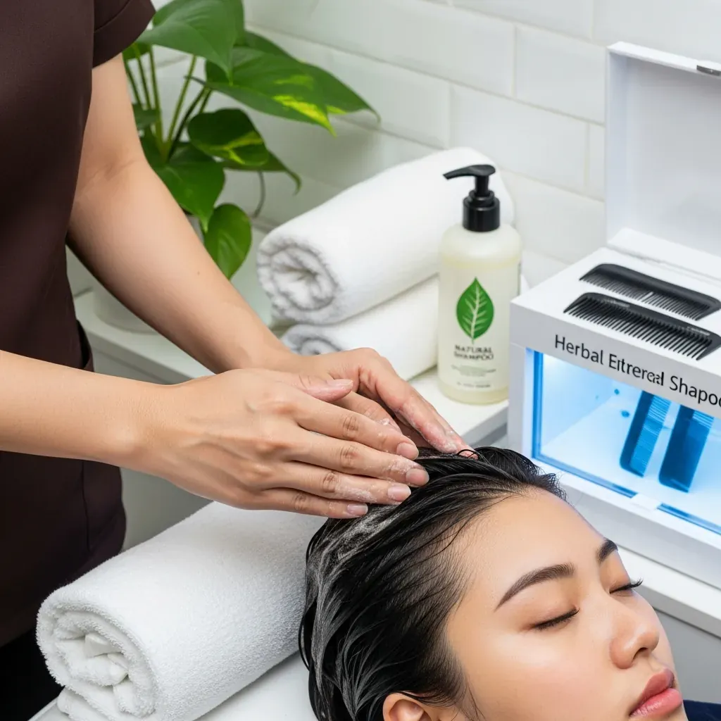 Bàn tay sạch của kỹ thuật viên Việt thoa dầu gội thảo dược lên tóc khách, xung quanh là khăn trắng, hộp khử trùng lược và chai dầu gội tự nhiên.