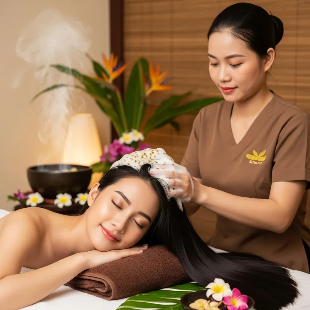 Người phụ nữ Việt Nam thư giãn trên giường spa, được nhân viên massage da đầu bằng thảo dược tự nhiên trong không gian ấm cúng, ánh sáng nhẹ.