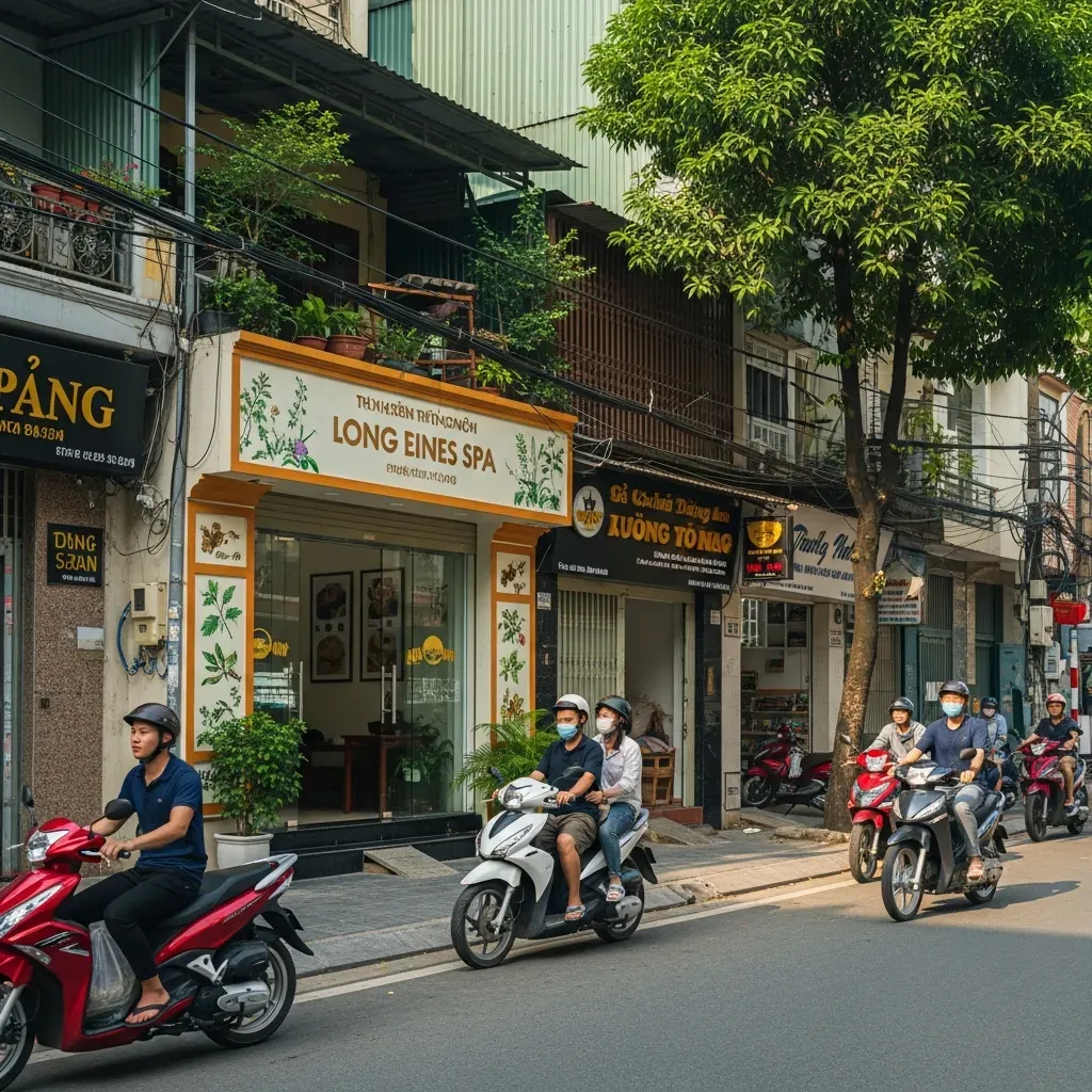 Phố Long Biên nhộn nhịp với nhà ống, xe máy và một spa nhỏ mặt tiền trang trí thảo dược, cây xanh nhiệt đới, nắng chiều vàng.