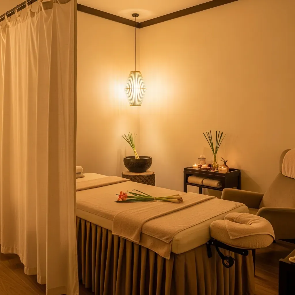 Phòng spa riêng tư với giường mát-xa trải ga trắng, rèm che nhẹ, bát xông thảo dược, đèn lồng tre ánh sáng dịu, ghế thư giãn.
