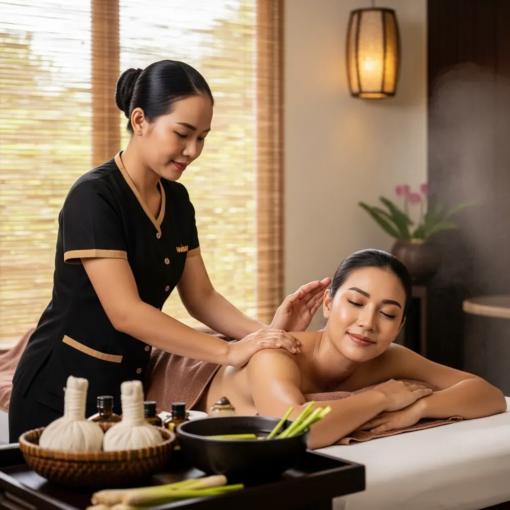 Phụ nữ Việt nằm trên giường spa, trao đổi nhẹ nhàng với kỹ thuật viên đang massage vai, bên cạnh khay thảo dược và bát nước sả.