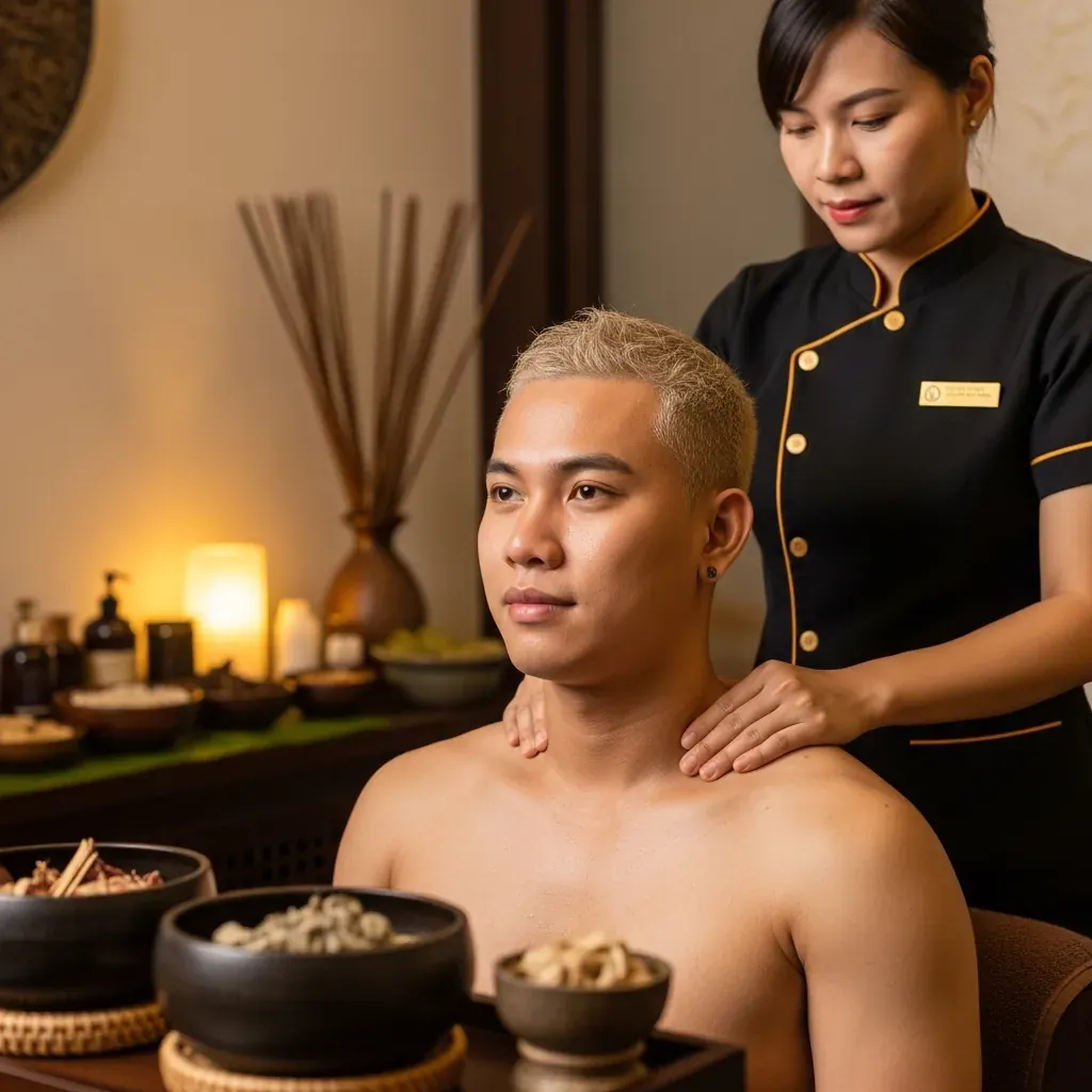 Khách nam trải nghiệm gội đầu dưỡng sinh và bấm huyệt vai gáy mạnh tay