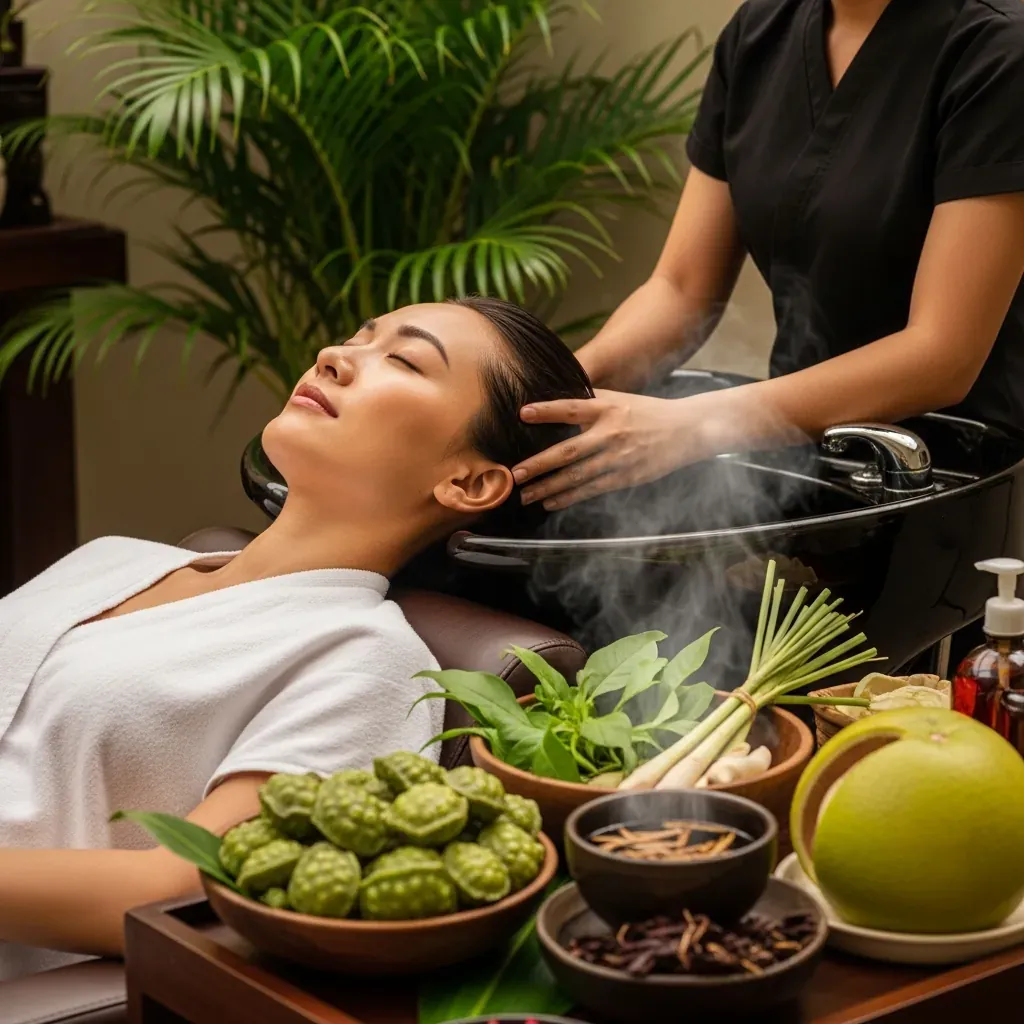 Kỹ thuật viên massage da đầu cho khách trong không gian spa thảo dược ở Nha Trang