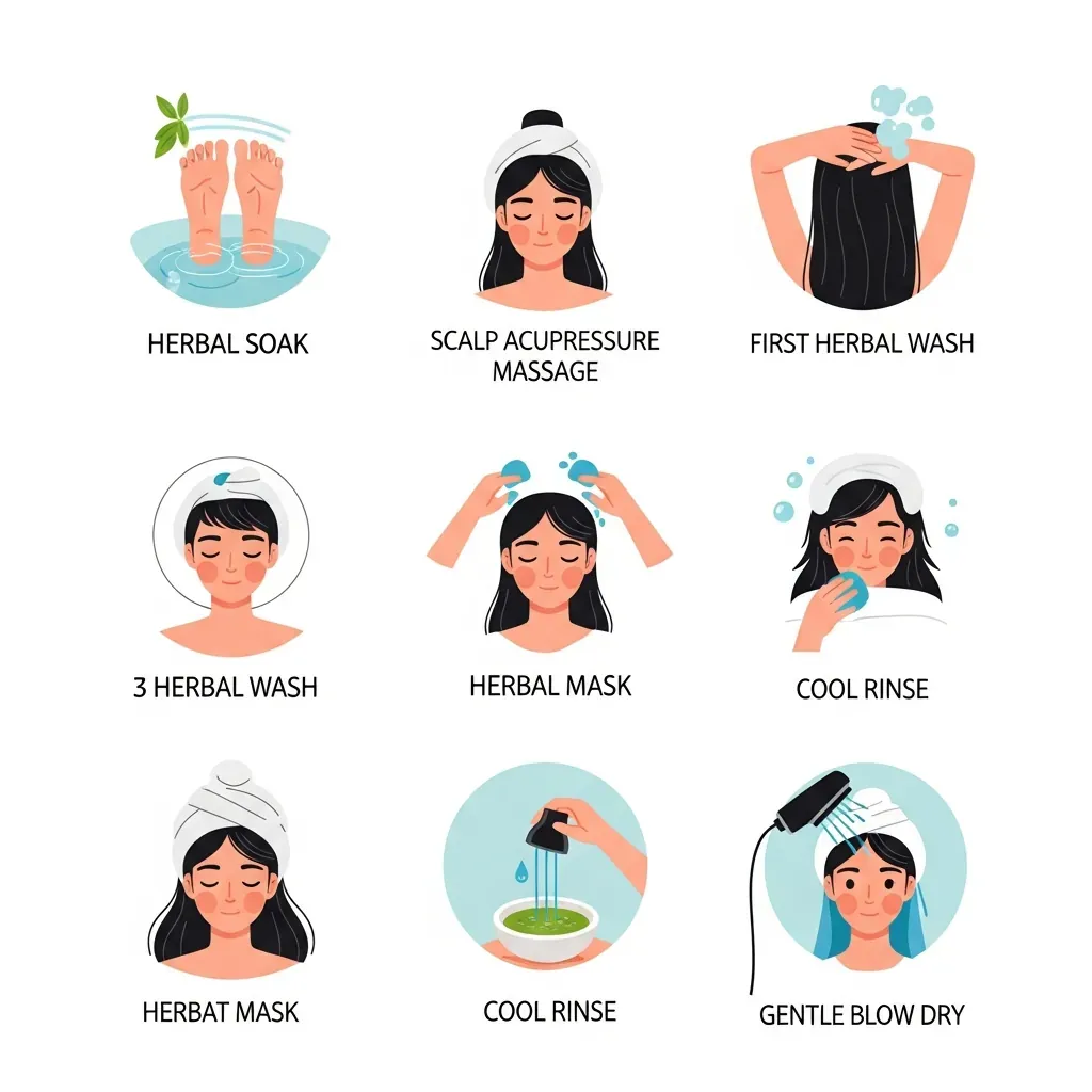 Sơ đồ minh họa các bước trong một buổi gội đầu dưỡng sinh