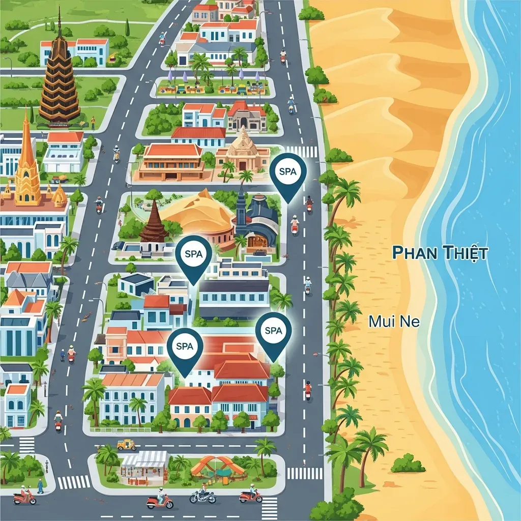 Bản đồ minh họa vị trí ba cơ sở gội đầu dưỡng sinh ở Phan Thiết