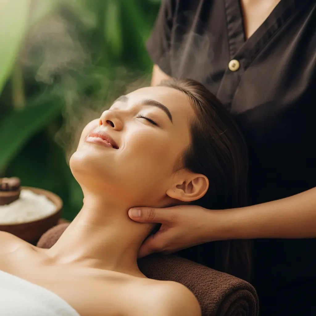 Khách thư giãn khi được massage cổ vai gáy trong buổi gội đầu dưỡng sinh