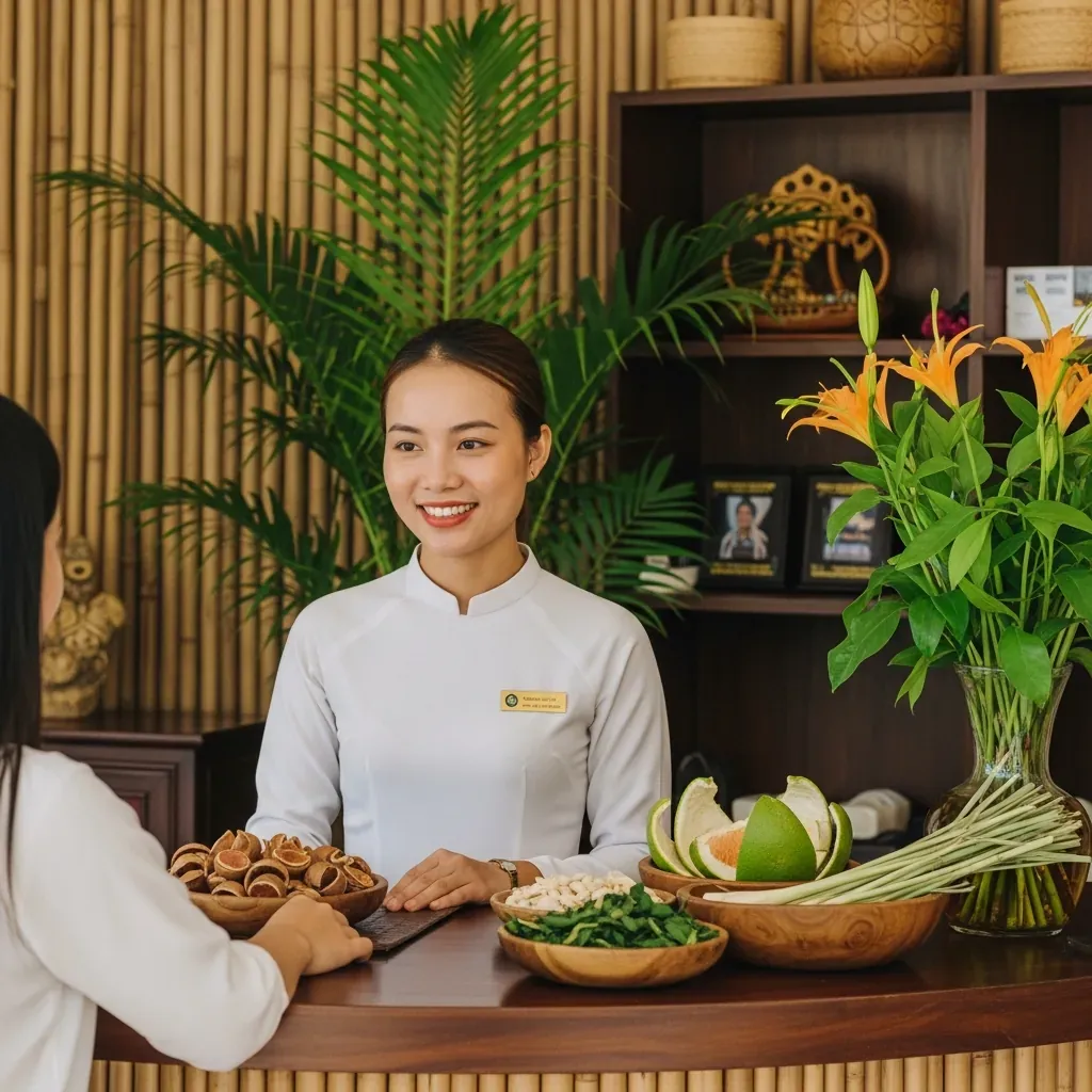 Khu lễ tân spa gội đầu dưỡng sinh ở Phan Thiết với nhân viên người Việt đón khách