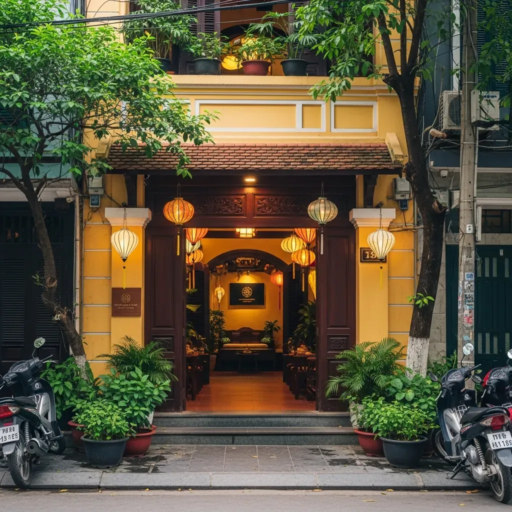 Lối vào spa trên phố Mã Mây khu phố cổ Hà Nội với kiến trúc nhà ống truyền thống