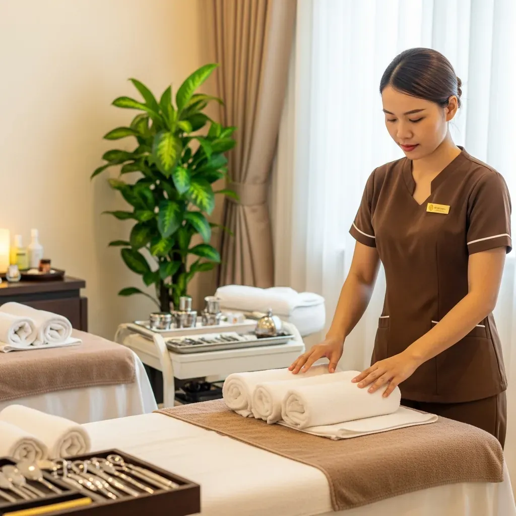 Phòng trị liệu spa sạch sẽ với khăn và ga trải giường riêng cho từng khách