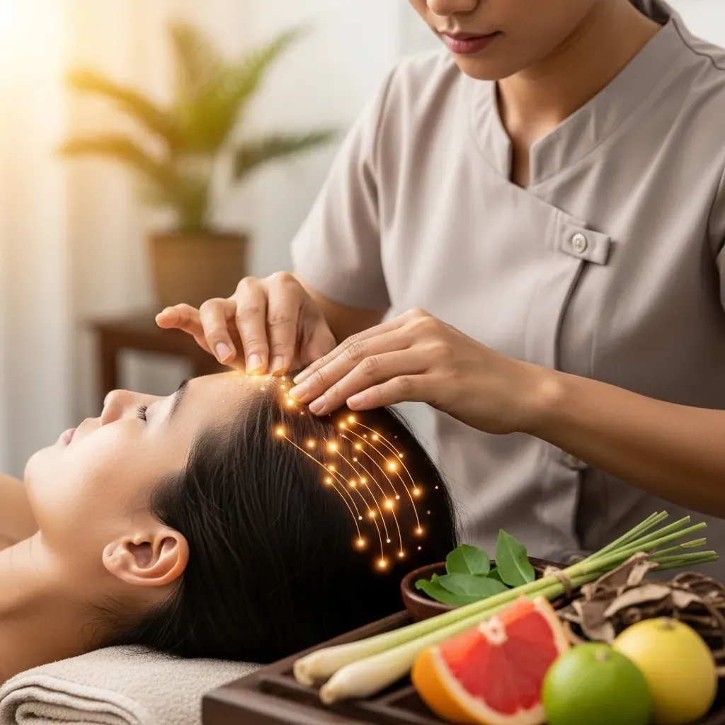 Kỹ thuật viên bấm huyệt đầu giúp thư giãn và cải thiện tuần hoàn máu