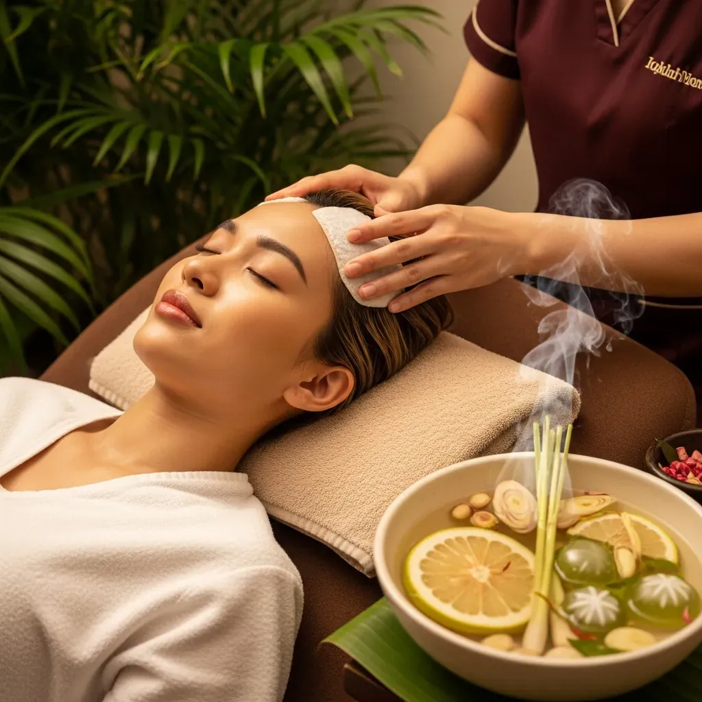 Khách đang trải nghiệm quy trình gội đầu dưỡng sinh và bấm huyệt tại spa
