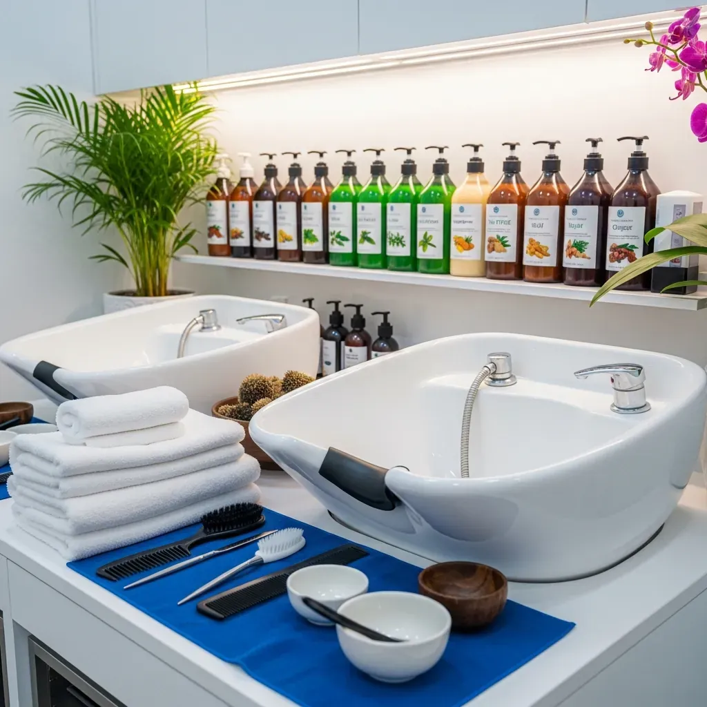 Khu vực gội đầu sạch sẽ với khăn và dụng cụ vệ sinh tại spa