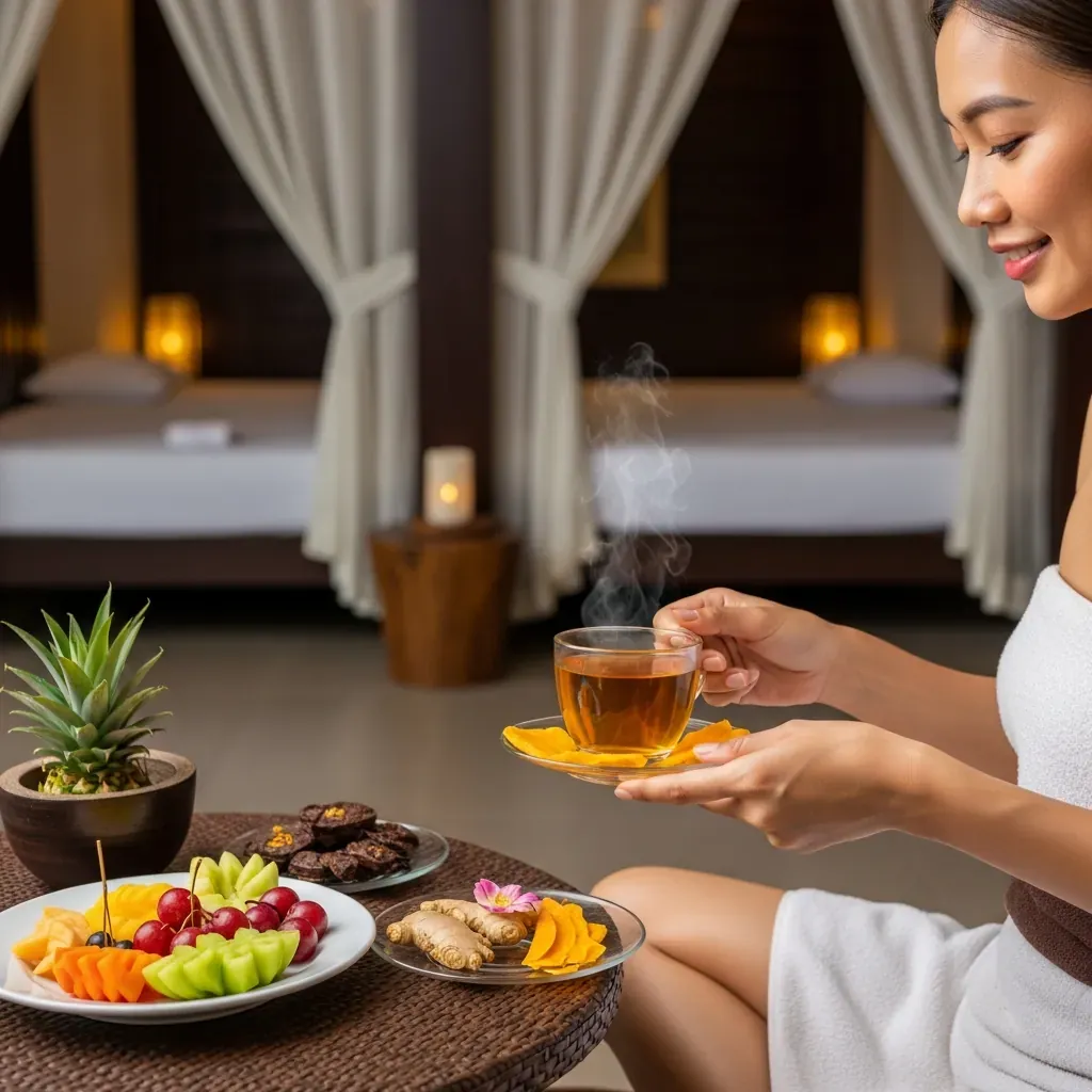 Khách thư giãn sau buổi massage với trà gừng nóng và trái cây tại spa