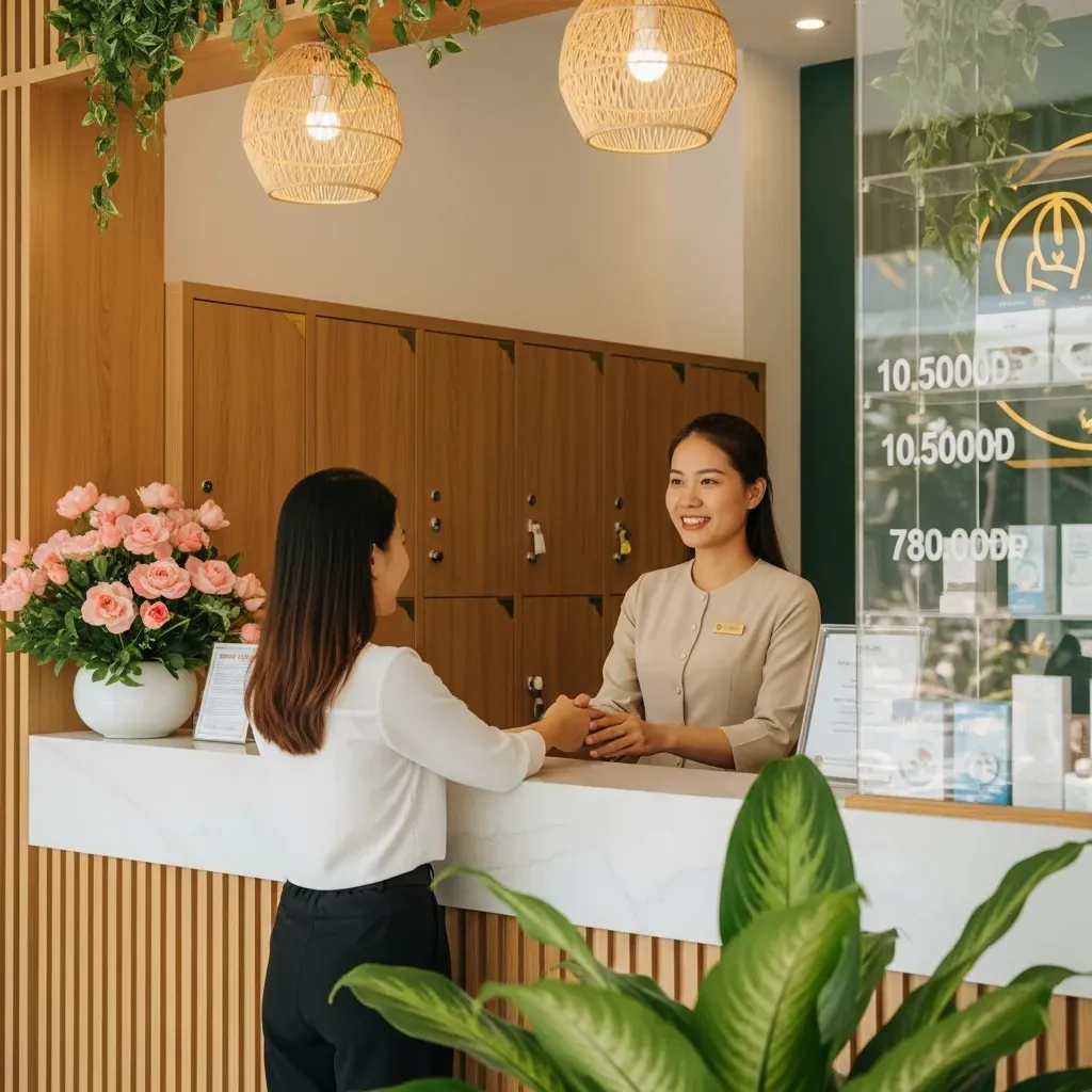 Quầy lễ tân spa wellness sạch sẽ, chuyên nghiệp ở Nha Trang với nhân viên người Việt thân thiện