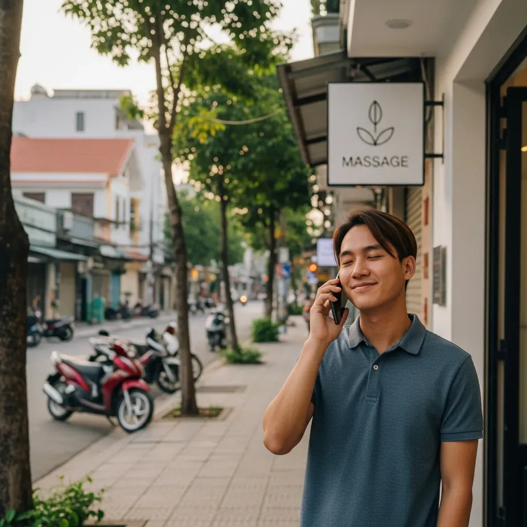 Một nam thanh niên Việt Nam tươi cười gọi điện đặt lịch massage trước cửa số 160 Văn Cao