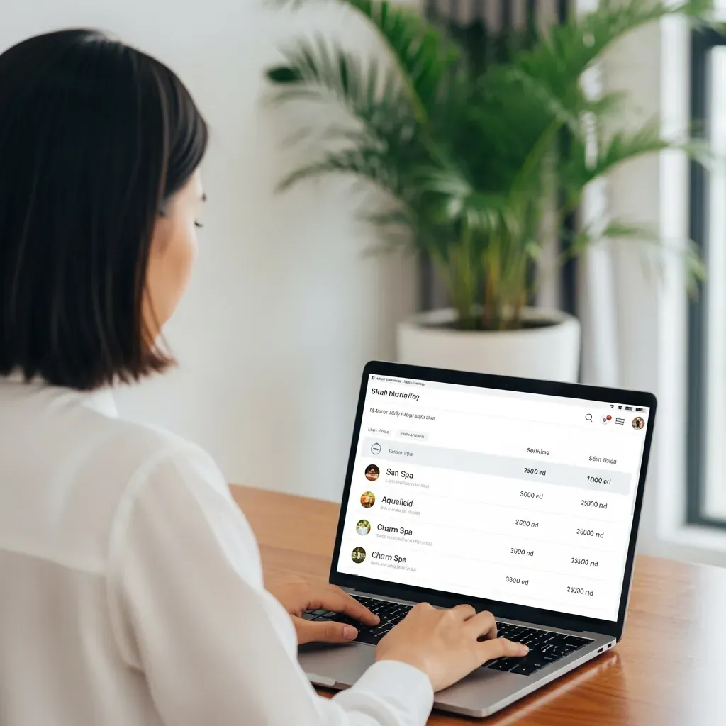 Bảng giá các spa thay thế hiển thị trên màn hình laptop bằng tiếng Việt.