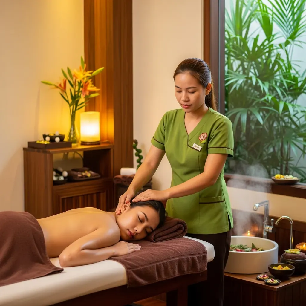 Quy trình massage tại một spa Nha Trang thực tế với kỹ thuật viên nữ đang thực hiện liệu pháp cho khách.