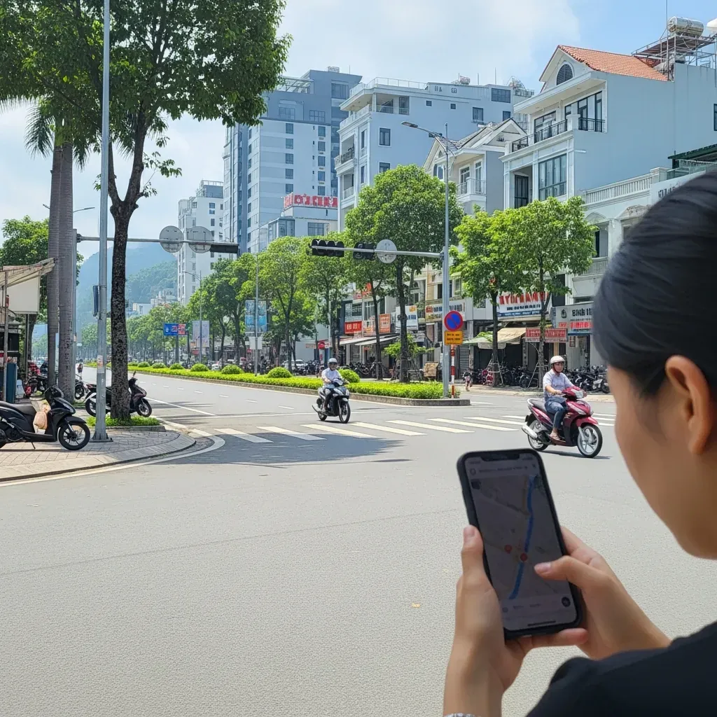 Góc nhìn ngoài đường ở khu Đông Hùng Thắng khi một người đang kiểm tra vị trí bằng điện thoại.
