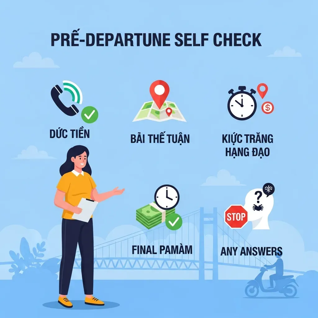 Minh họa checklist tự kiểm tra trước khi đi với các bước gọi điện, chốt vị trí, thời lượng và chi phí.