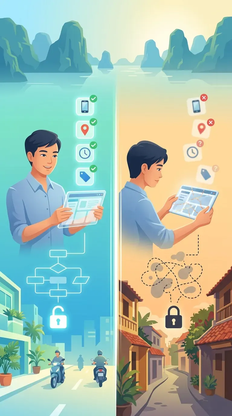 Minh họa chia thông tin thành hai nhóm: đã ghi nhận và chưa xác minh, với biểu tượng điện thoại, địa chỉ và thời gian.