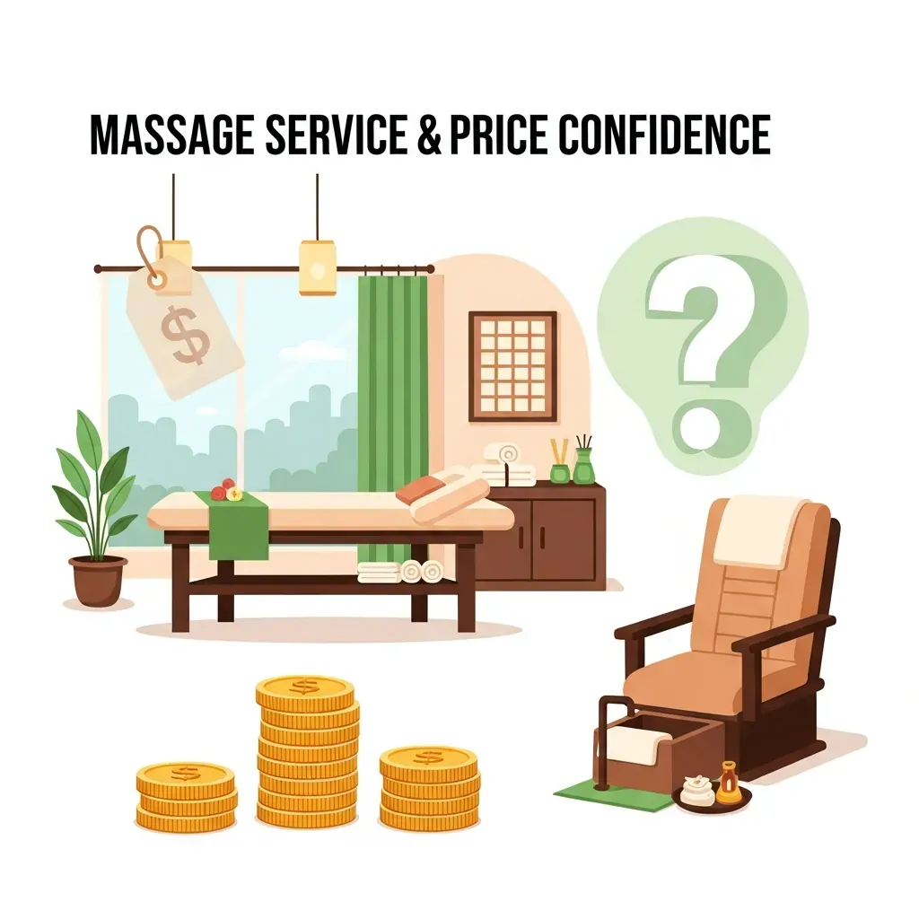 Minh họa so sánh dịch vụ massage và các mức giá tham khảo với độ tin cậy chưa cao.