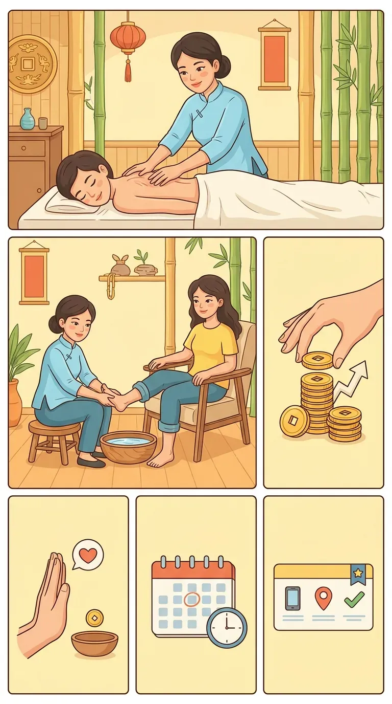 Minh họa trực quan các khái niệm như massage toàn thân, massage chân, phụ thu, tip và đặt lịch trong ngày.