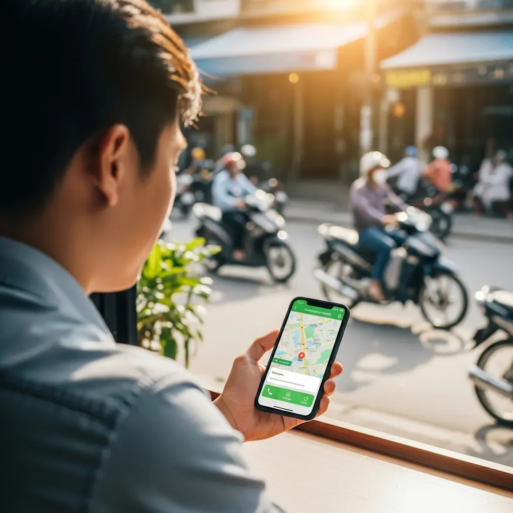 Một người đàn ông Việt Nam ngồi ở quán cà phê, tìm phương án thay thế sau khi không gọi xác minh được.