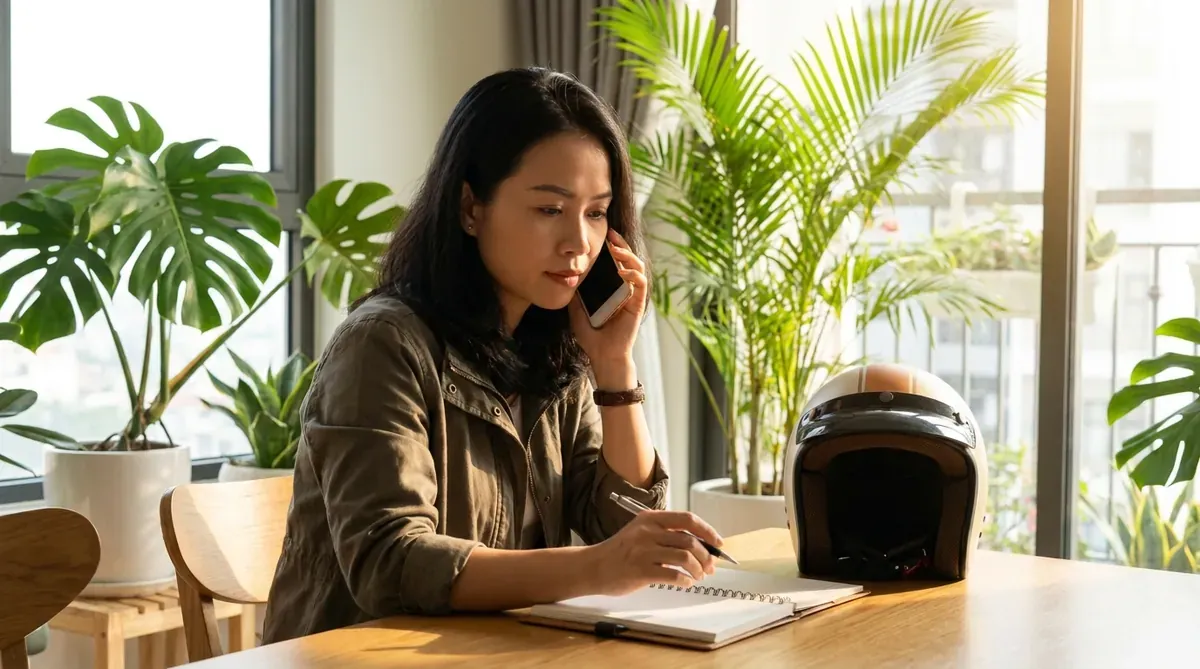 Một phụ nữ Việt Nam gọi điện xác minh trước khi đi, ngồi trong căn hộ sáng sủa với mũ bảo hiểm đặt bên cạnh.