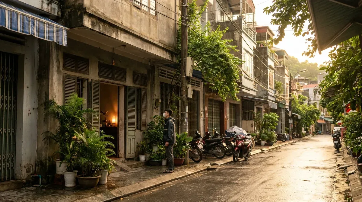 Người trẻ Việt Nam đứng trước một mặt bằng spa yên ắng ở khu phố Bãi Cháy với vẻ thận trọng.