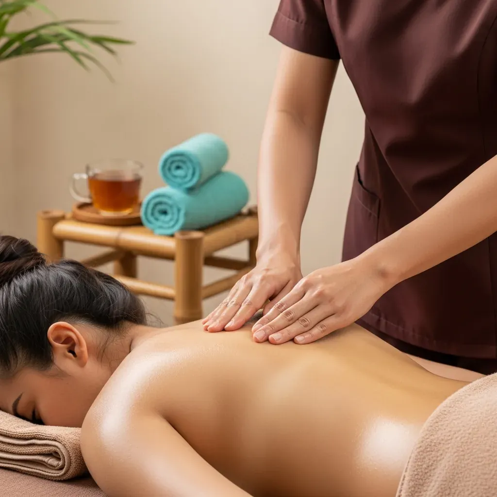 Cận cảnh đôi tay kỹ thuật viên massage body cho khách hàng tại spa Đà Nẵng.