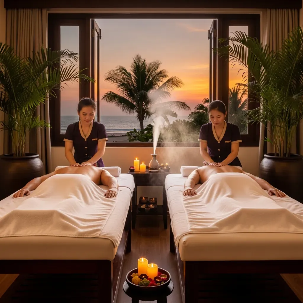 Cặp đôi người Việt thư giãn cùng massage đôi trong phòng riêng tại spa Đà Nẵng.