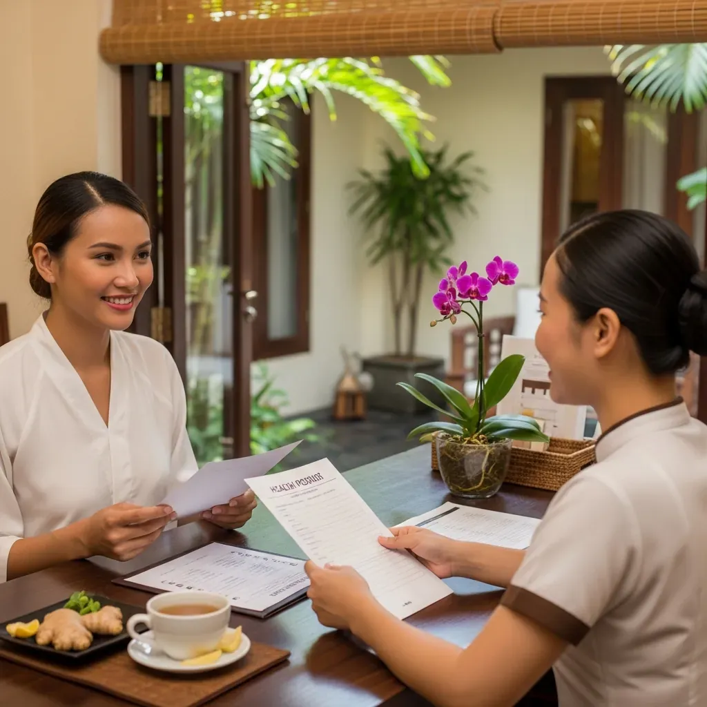 Khách nữ Việt Nam trao đổi với kỹ thuật viên về tình trạng sức khỏe trước buổi massage tại spa Đà Nẵng.