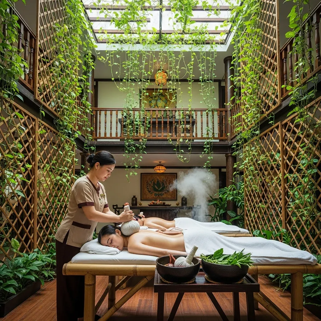 Không gian xanh mát đậm chất thảo dược tại Herbal Spa Đà Nẵng với kỹ thuật viên đang massage.