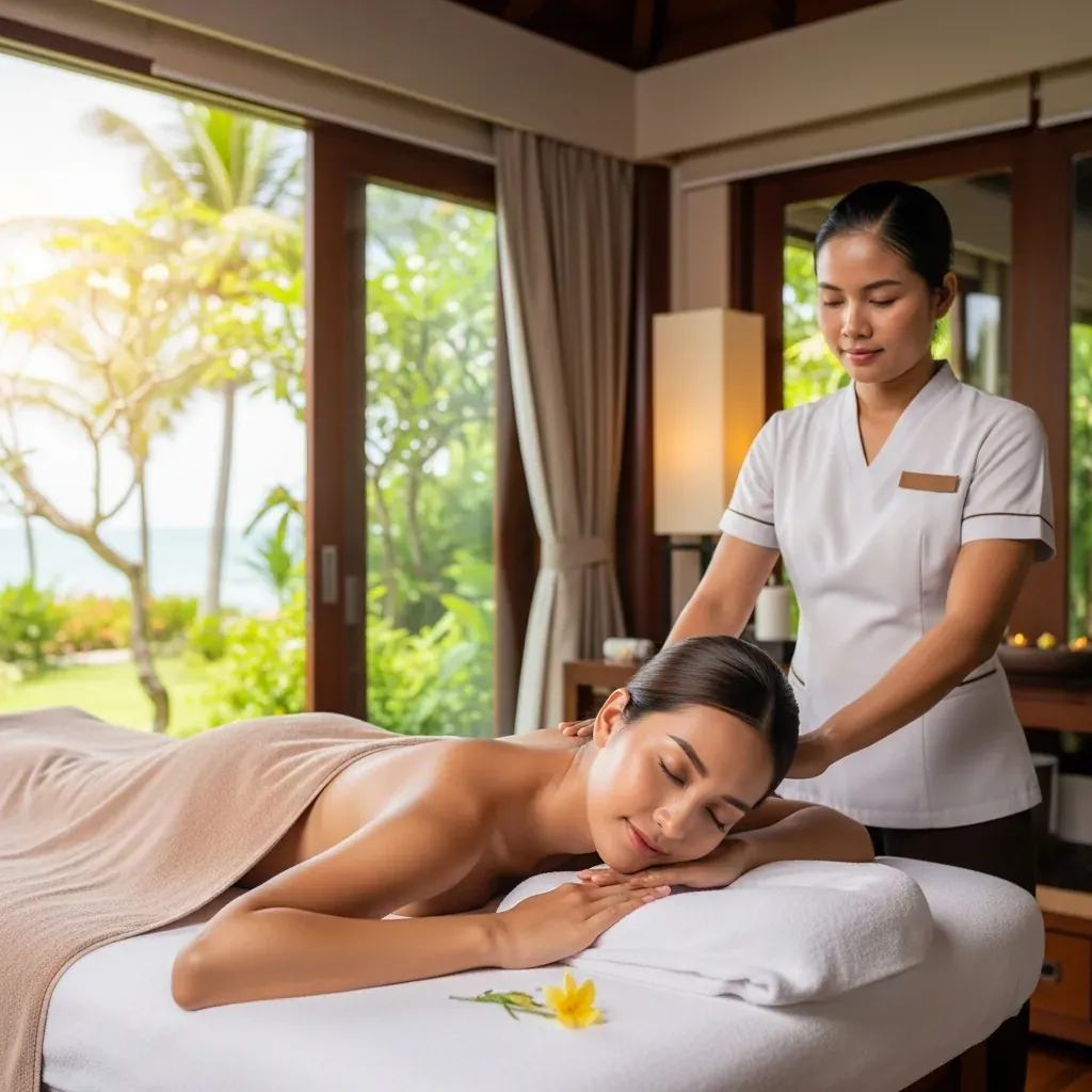 Người phụ nữ Việt đang tận hưởng massage body thư giãn tại spa Đà Nẵng với không gian mở nhìn ra biển và cây xanh.