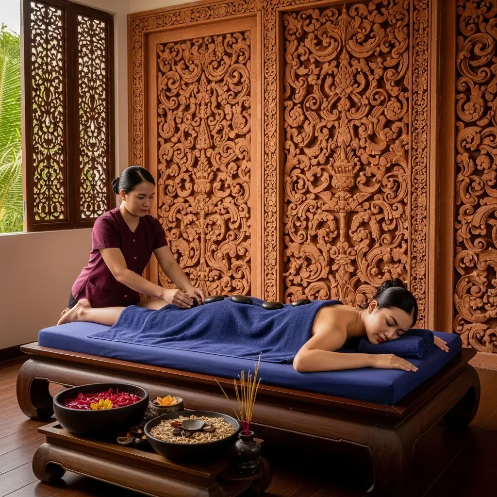 Phòng massage mang đậm dấu ấn văn hóa Chăm Pa tại Cham Spa Đà Nẵng.