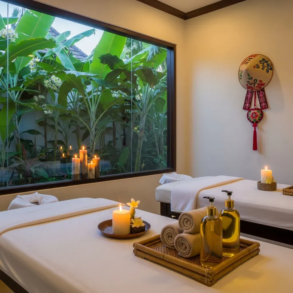 Phòng massage riêng tư tinh tế tại NÓN SPA Đà Nẵng, view vườn nhiệt đới và đồ dùng tự nhiên.