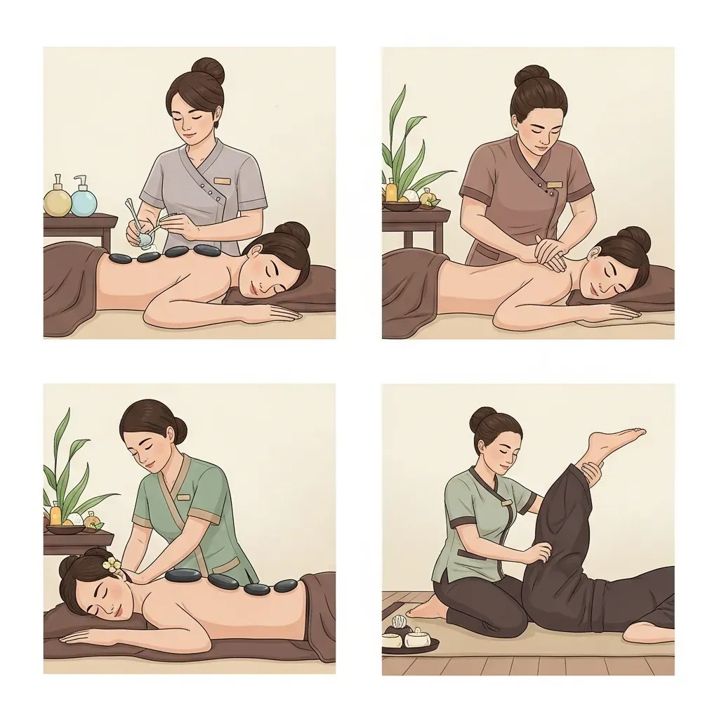 Bốn loại massage phổ biến: Thụy Điển, trị liệu mô sâu, đá nóng, Thái.