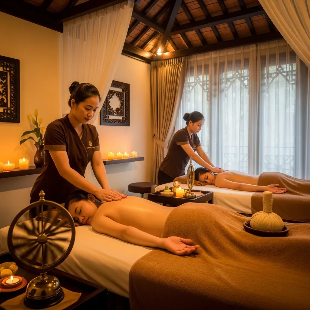 Không gian ấm cúng của Serene Spa với liệu pháp vàng độc quyền và nến ấm.