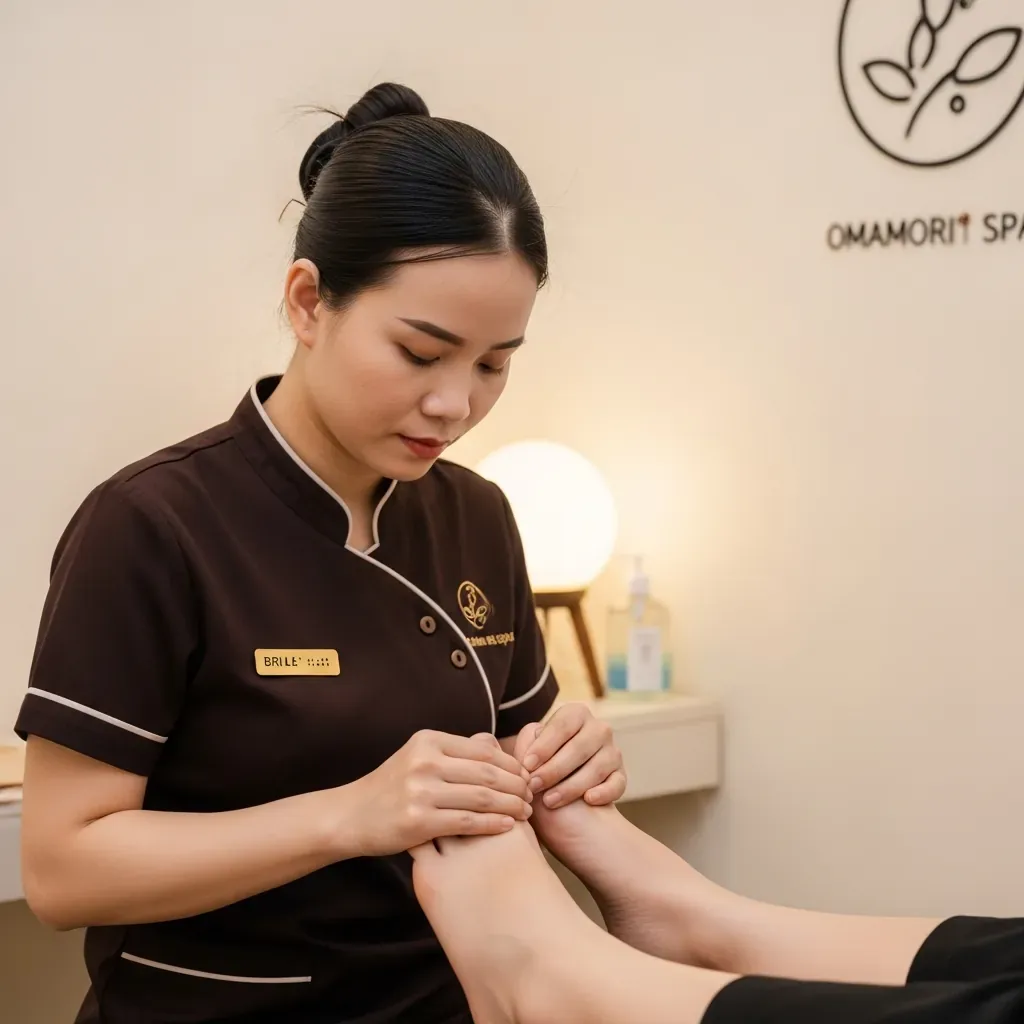 Kỹ thuật viên khiếm thị tại Omamori Spa massage chân chuyên sâu cho khách.