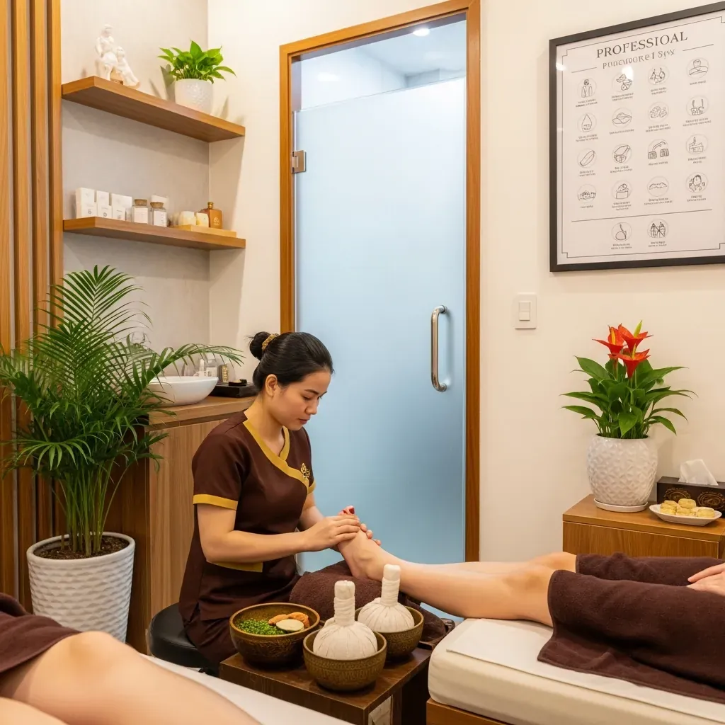 Bên trong QueenPearl Luxury Spa, kỹ thuật viên ấn huyệt chân cho khách, ô kính trong suốt, bảng quy trình biểu tượng.