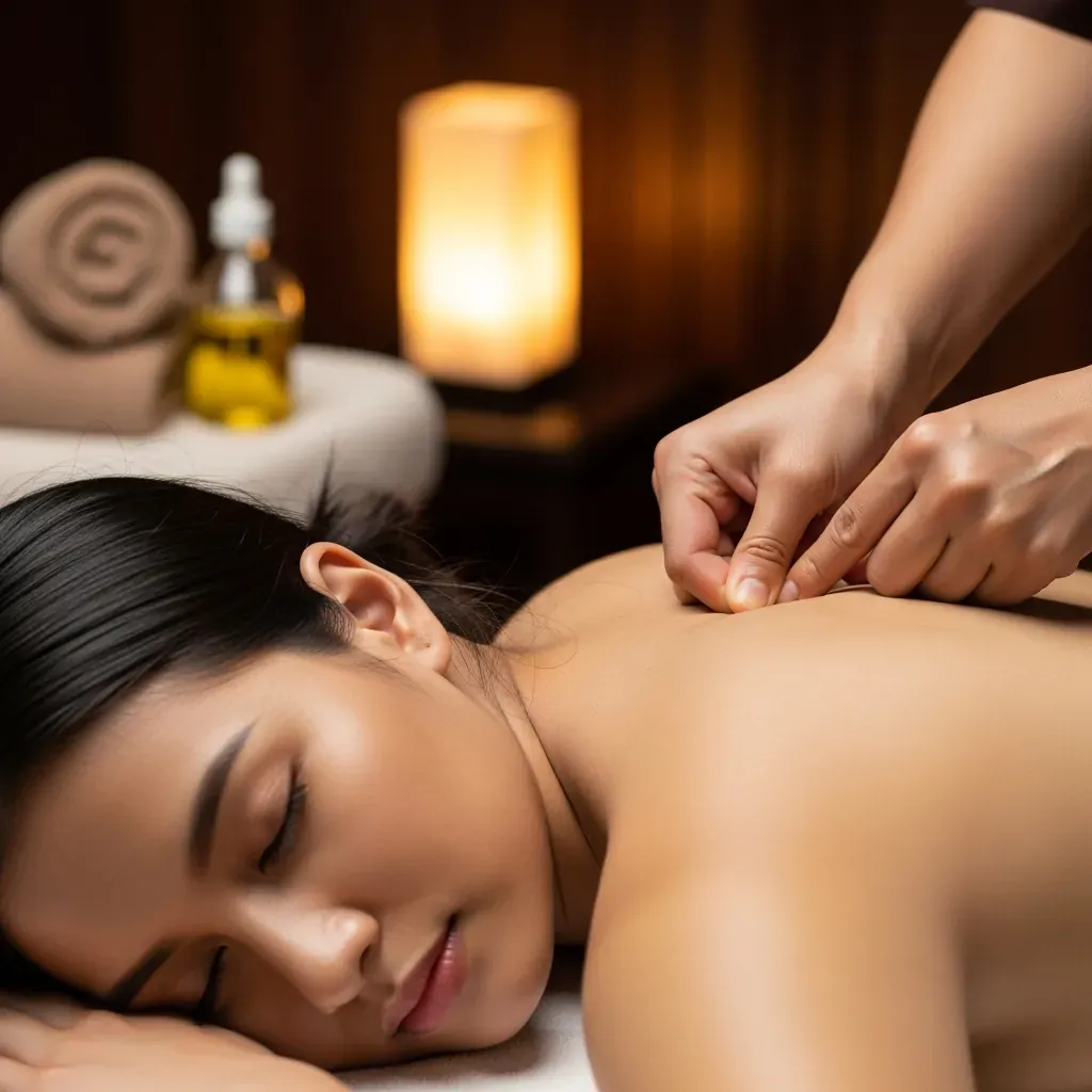 Cận cảnh ngón tay cái của kỹ thuật viên ấn huyệt trên lưng khách Việt, ánh sáng ấm áp.