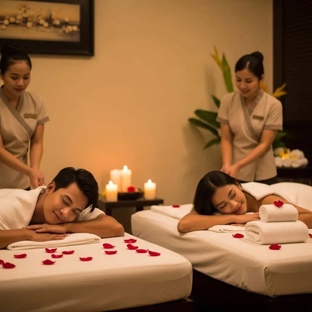 Cặp đôi người Việt nằm massage trong phòng riêng ấm cúng với nến và cánh hoa hồng.