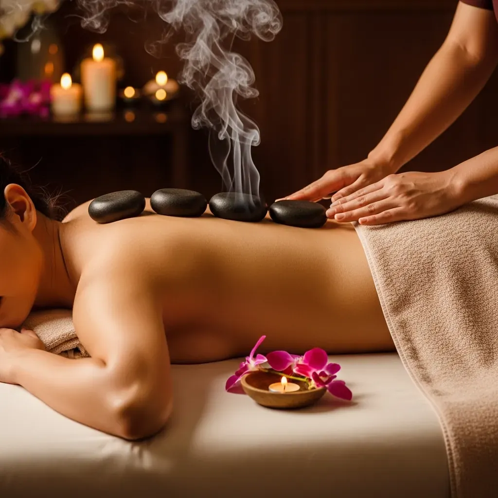 Đá nóng basalt đen bốc hơi ấm đặt dọc sống lưng khách hàng Việt, ánh nến và cánh hoa lan.