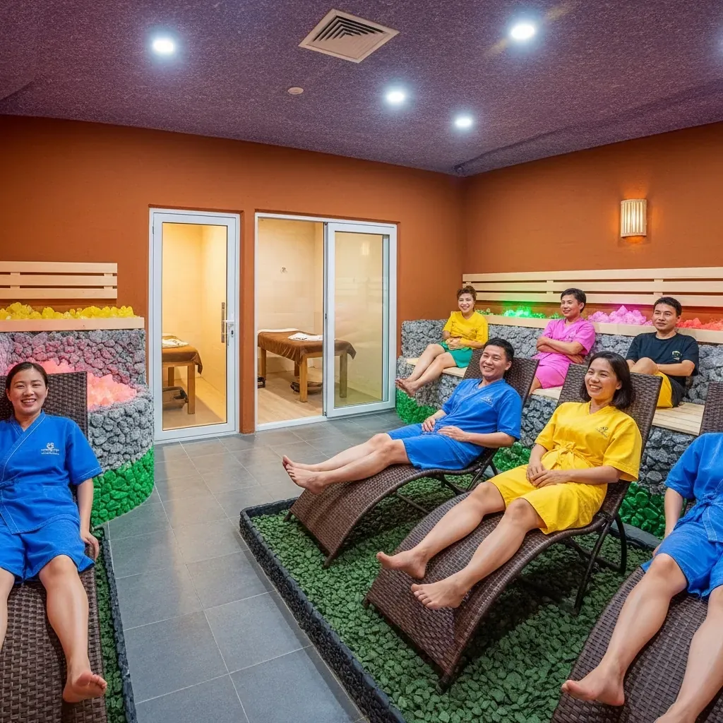 Du khách Việt thư giãn trong phòng xông hơi Hàn Quốc đầy màu sắc tại Golden Lotus Healing Spa Land.